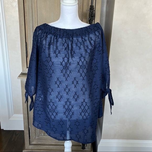 Eloquii Embroidered Off Shoulder Tie Sleeve Blouse Top in Navy plus size 18 - Picture 6 of 14